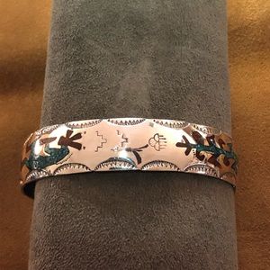 Hopi Kokopelli Inlaid Silver Cuff Turquoise Coral